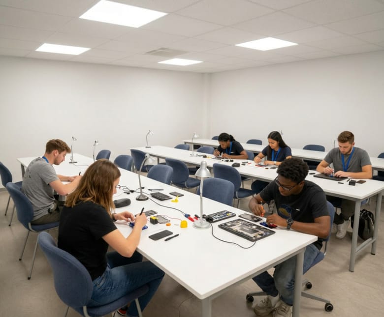 Salle de formation FORMASTORE avec stagiaires en atelier réparation